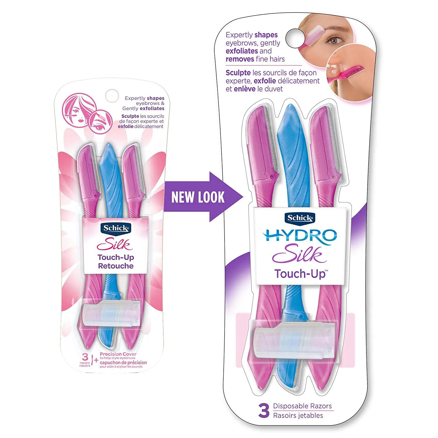 Schick Hydro Silk Touch-Up Multipurpose Exfoliating Dermaplaning Tool, Eyebrow Razor, and Facial Razor with Precision Cover, 3 Count (Packaging May Vary)