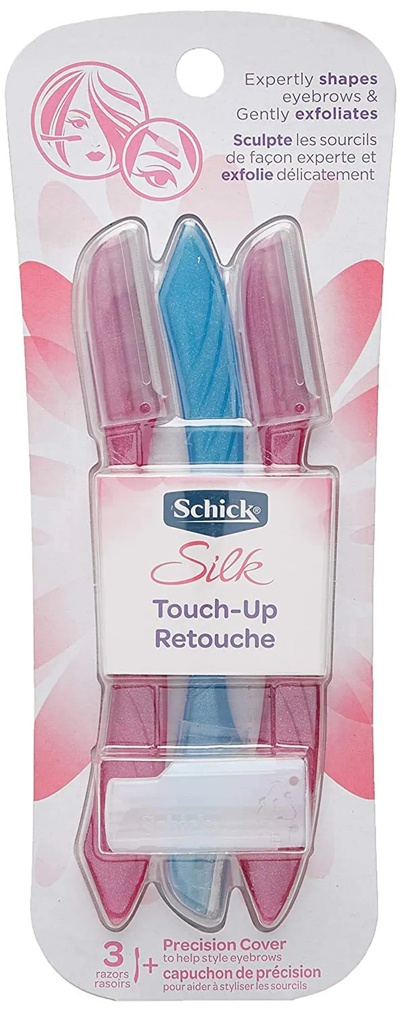 Schick Hydro Silk Touch-Up Multipurpose Exfoliating Dermaplaning Tool, Eyebrow Razor, and Facial Razor with Precision Cover, 3 Count (Packaging May Vary)