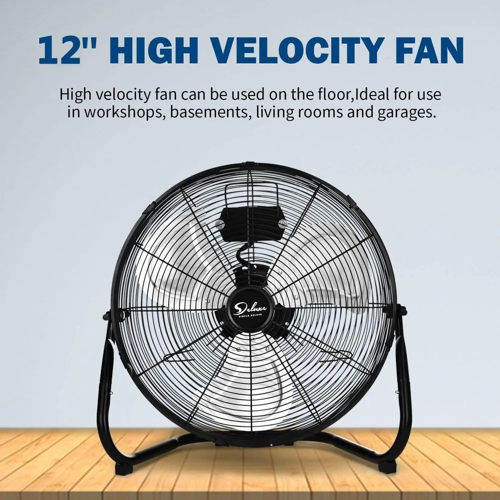 Simple Deluxe 12 Inch 3-Speed High Velocity Heavy Duty Metal Industrial Floor Fans