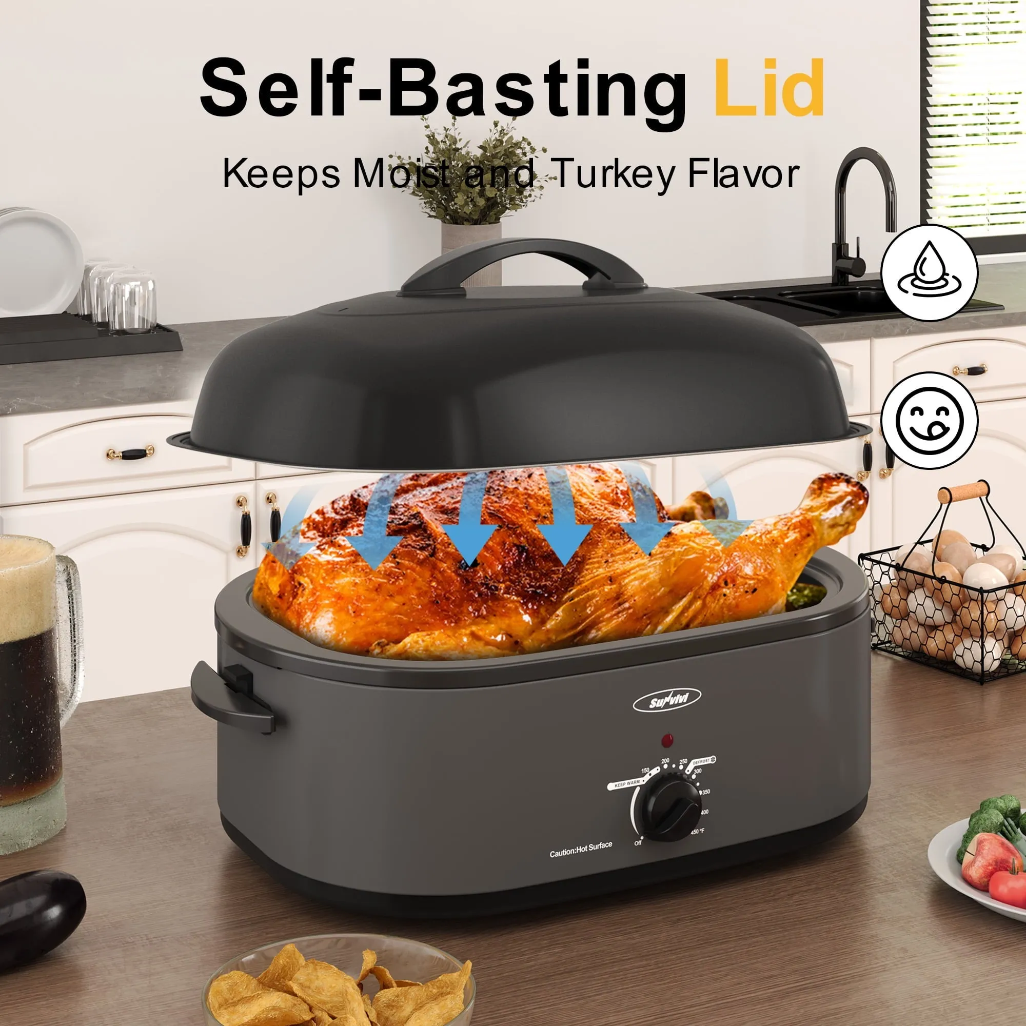 Sunvivi Roaster Oven with Self-Basting Lid, 18qt Electric Roaster with Removable Pan & Rack, Turkey Roaster Oven with Defrost & Warm Function, Stainless Steel, Grey