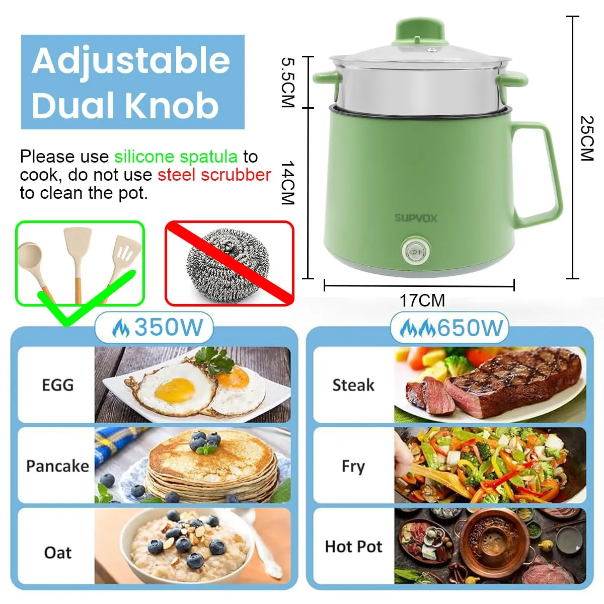 Supvox Multi Cooker Electric Kettle 1.6 litre Steam Cooker Electric Mini Electric Cooker for Travelling 2 Power Setting Multipurpose Hot Pot for Cooking with Over-Heating & Dry-Boil Protection