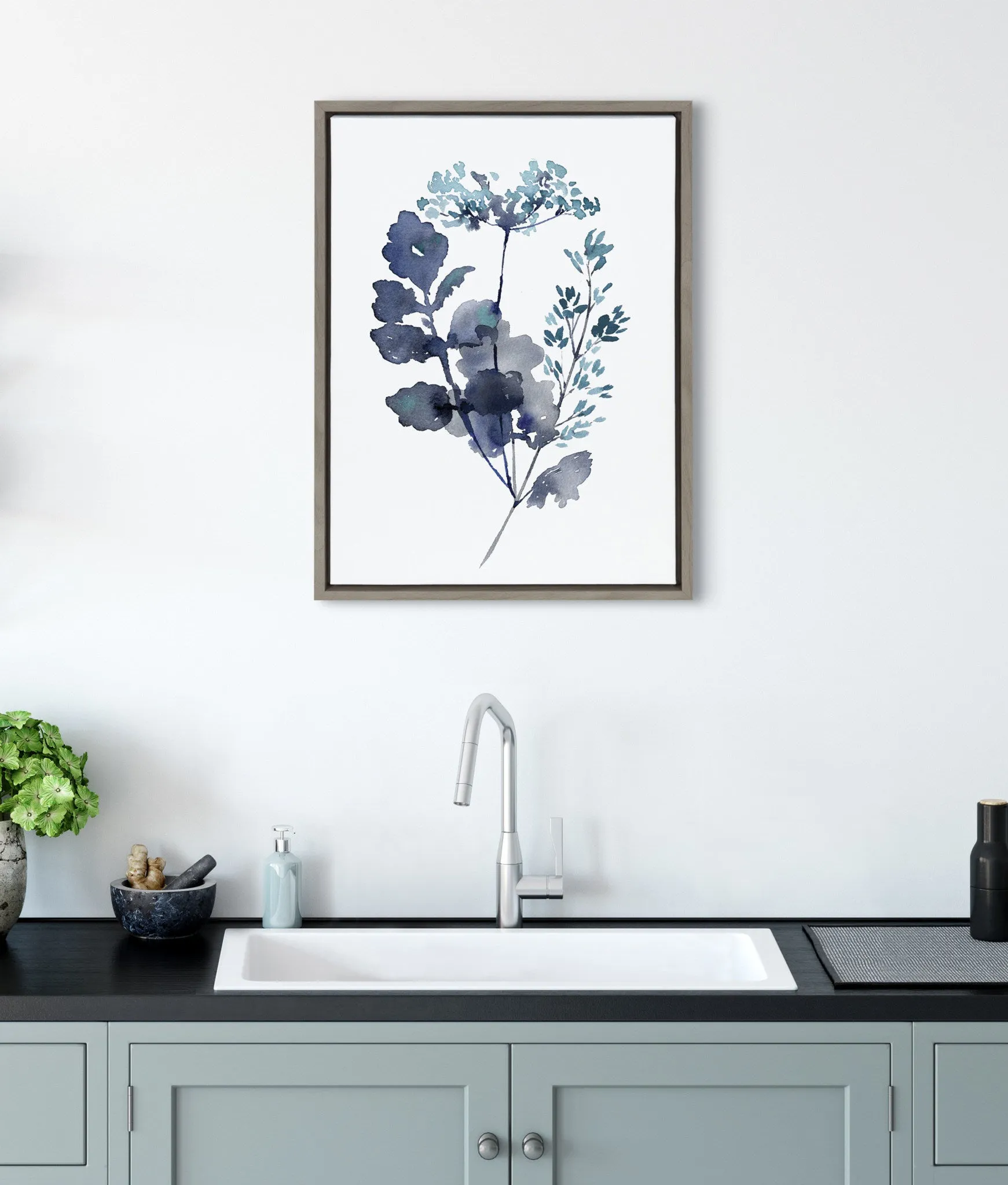 Sylvie Botanical Lace Leaf Indigo Framed Canvas by Sara Berrenson