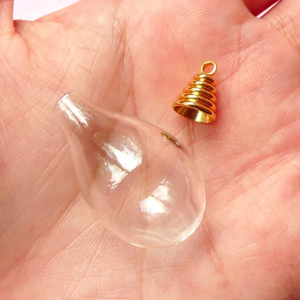 Tear Drop Glass Bottle / Clear Glass Globe / Glass Bubble (30mm x 18mm) w/ Gold Plated Cover (1 Set) DIY Hanging Pendant Charm Making F066