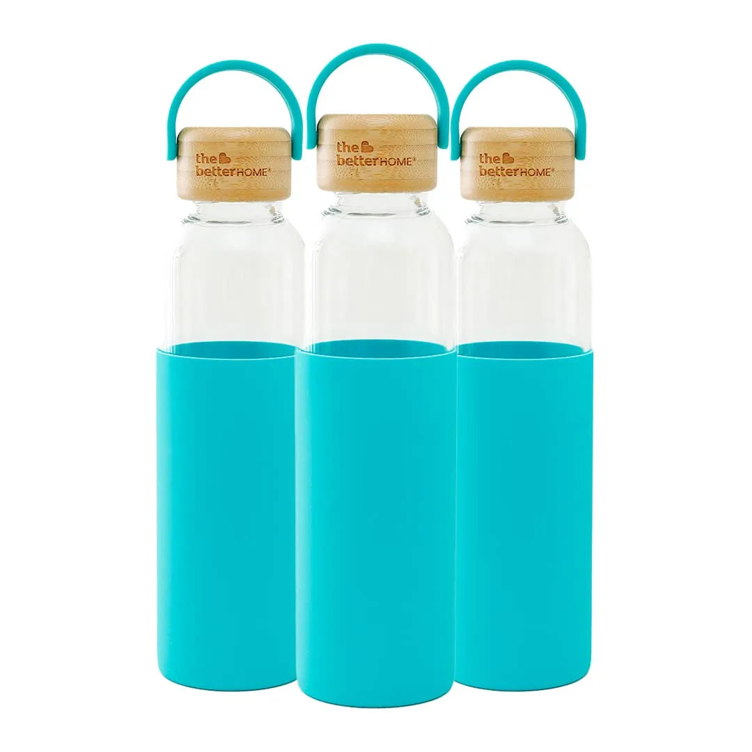 The Better Home Borosilicate Glass Water Bottle with Sleeve (500ml) | Non Slip Silicon Sleeve & Bamboo Lid | Water Bottles for Fridge | Light Blue (Pack of 3)