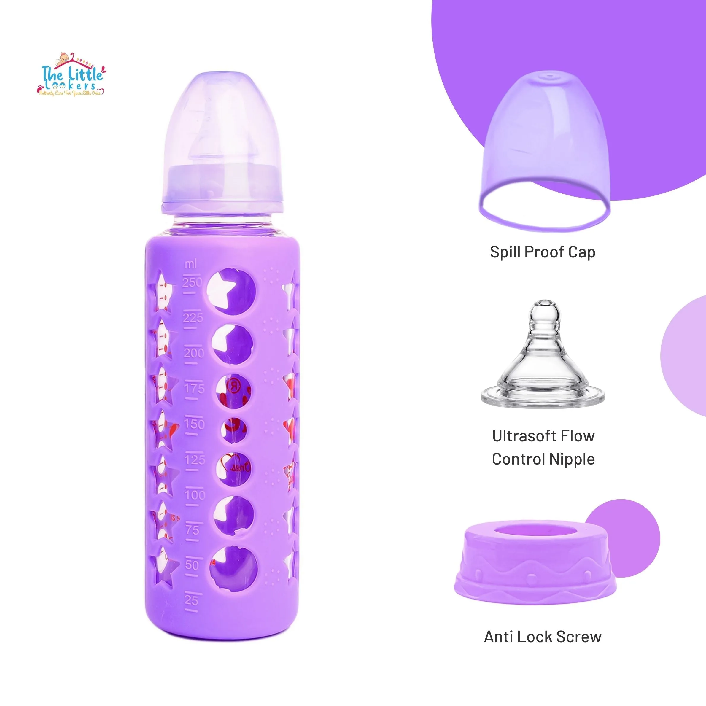 The Little Lookers High Borosilicate Glass Feeding Bottle for Baby/Feeder for Newborn | Super Soft Flow Control & Anti Colic Nipple for Infants/Toddlers