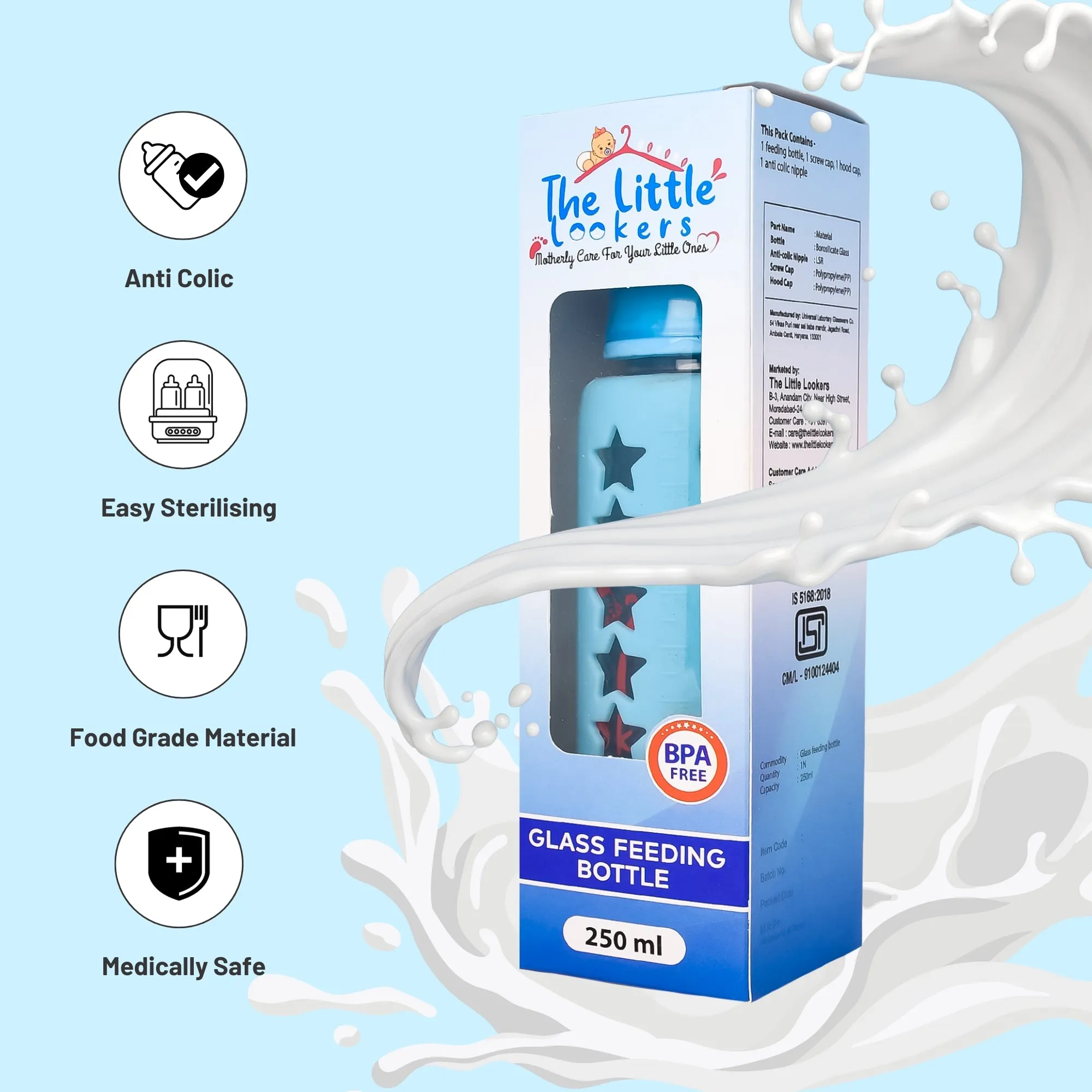 The Little Lookers High Borosilicate Glass Feeding Bottle for Baby/Feeder for Newborn | Super Soft Flow Control & Anti Colic Nipple for Infants/Toddlers