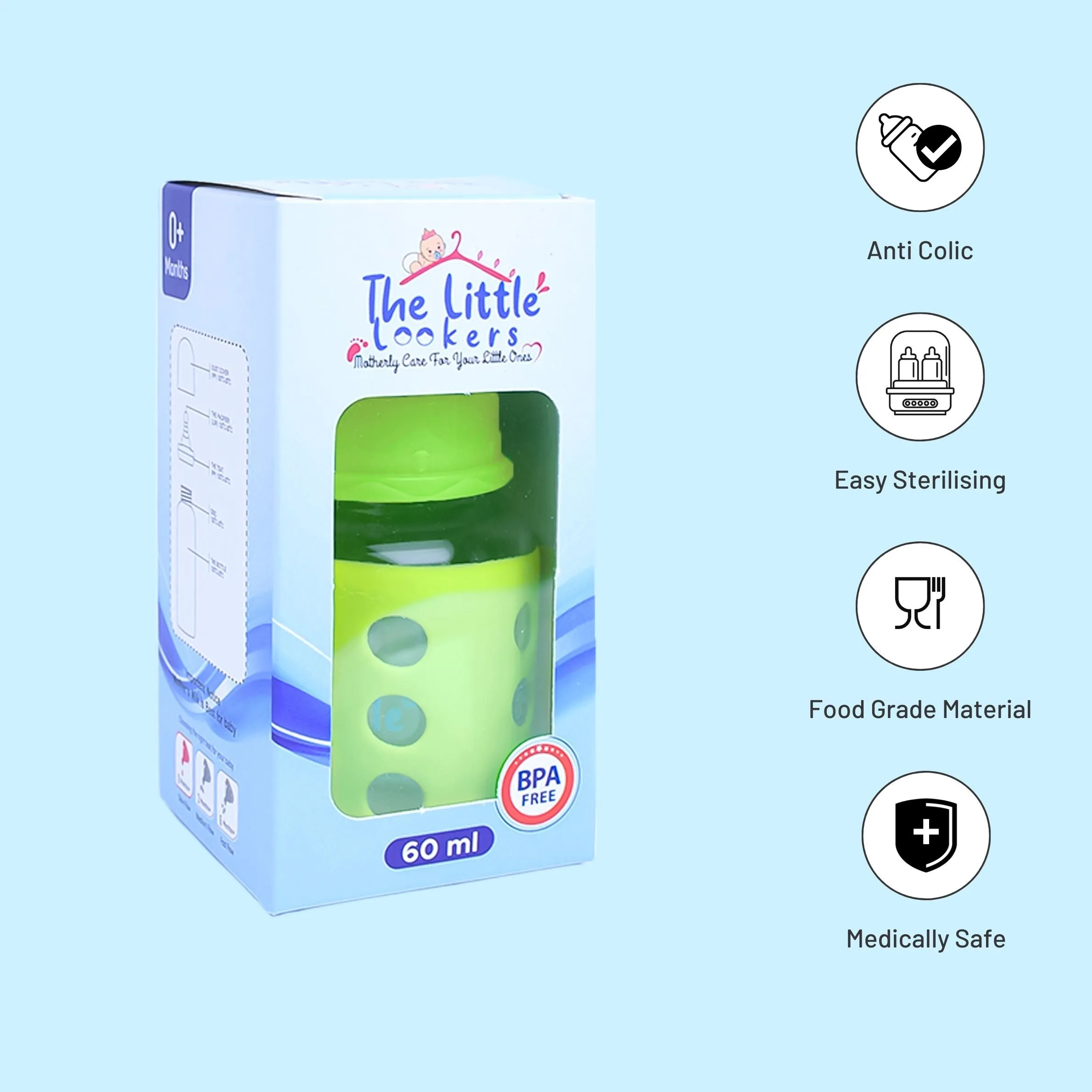 The Little Lookers High Borosilicate Glass Feeding Bottle for Baby/Feeder for Newborn | Super Soft Flow Control & Anti Colic Nipple for Infants/Toddlers