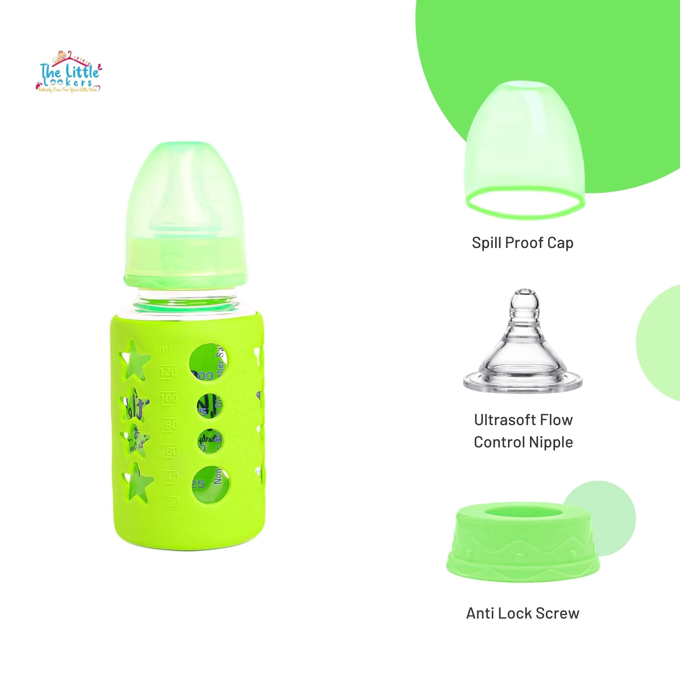 The Little Lookers High Borosilicate Glass Feeding Bottle for Baby/Feeder for Newborn | Super Soft Flow Control & Anti Colic Nipple for Infants/Toddlers