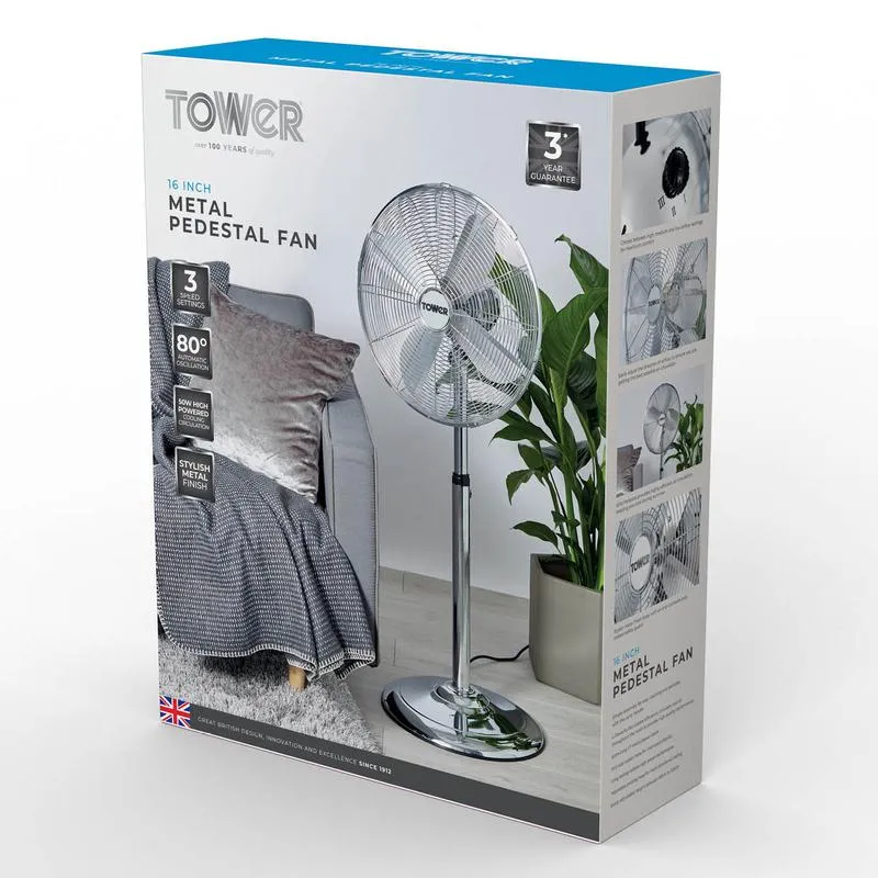 Tower Pedestal Fan with Stand 16"  - Chrome