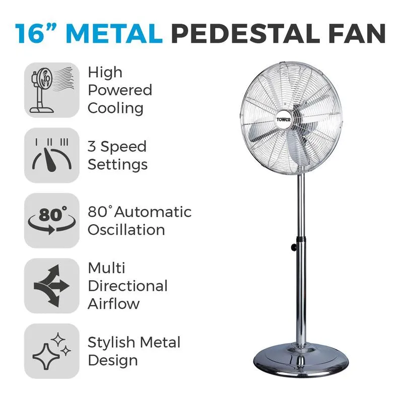 Tower Pedestal Fan with Stand 16"  - Chrome