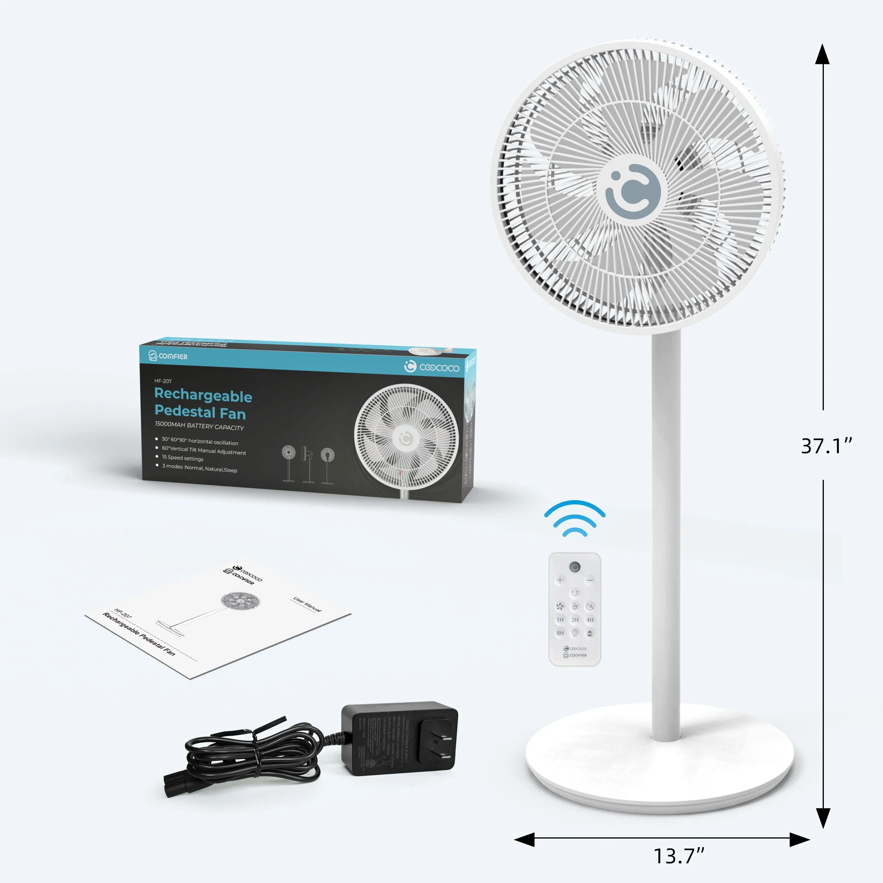 Ultra Quiet Pedestal Fan with Remote, Standing Fan for Bedroom, 14" 15000mAh Cordless Oscillating Floor Fan - CO-207