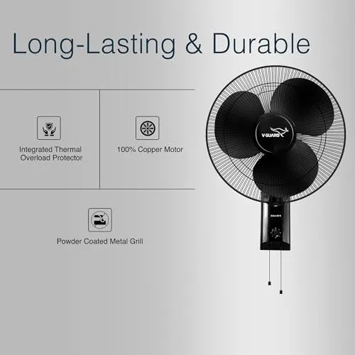 V-Guard Esfera SW N Wall Mount Fan For Bedroom | Pull Cord For 3 Speed Settings | 1350 RPM Powerful Motor | Corrosion Resistant Metal Guards | Black | 40 cm (400mm)