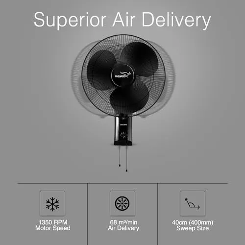 V-Guard Esfera SW N Wall Mount Fan For Bedroom | Pull Cord For 3 Speed Settings | 1350 RPM Powerful Motor | Corrosion Resistant Metal Guards | Black | 40 cm (400mm)