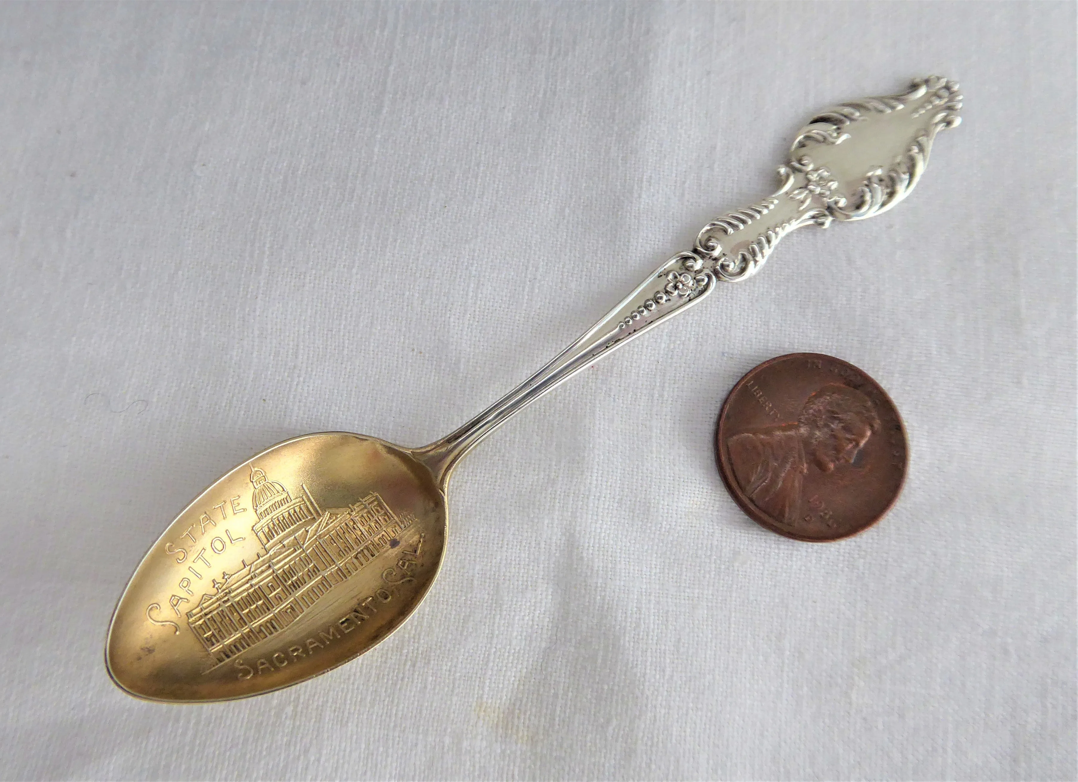 Victorian Sacramento California Sterling Silver Souvenir Spoon 1890s Embossed Gold Wash Bowl