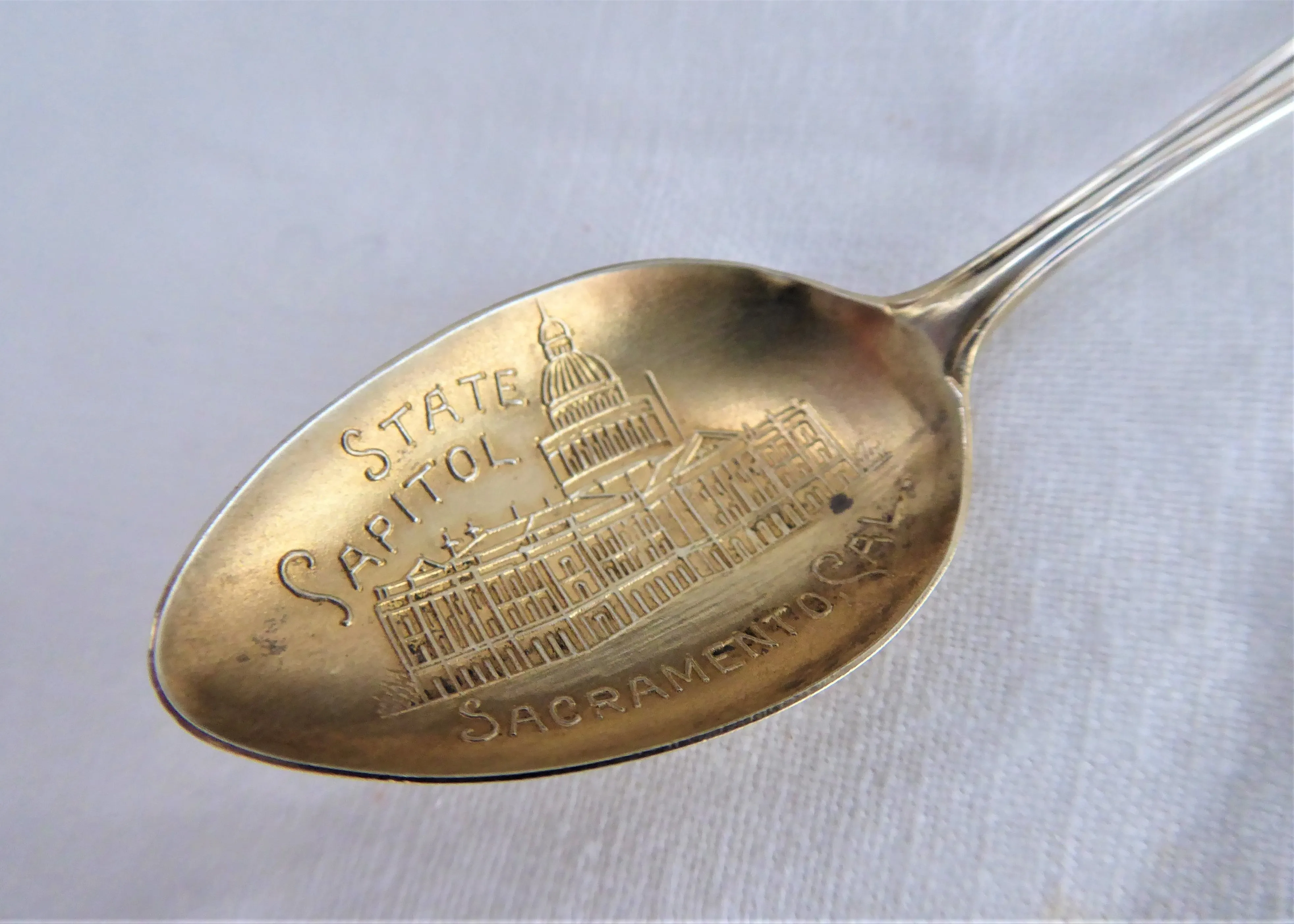 Victorian Sacramento California Sterling Silver Souvenir Spoon 1890s Embossed Gold Wash Bowl