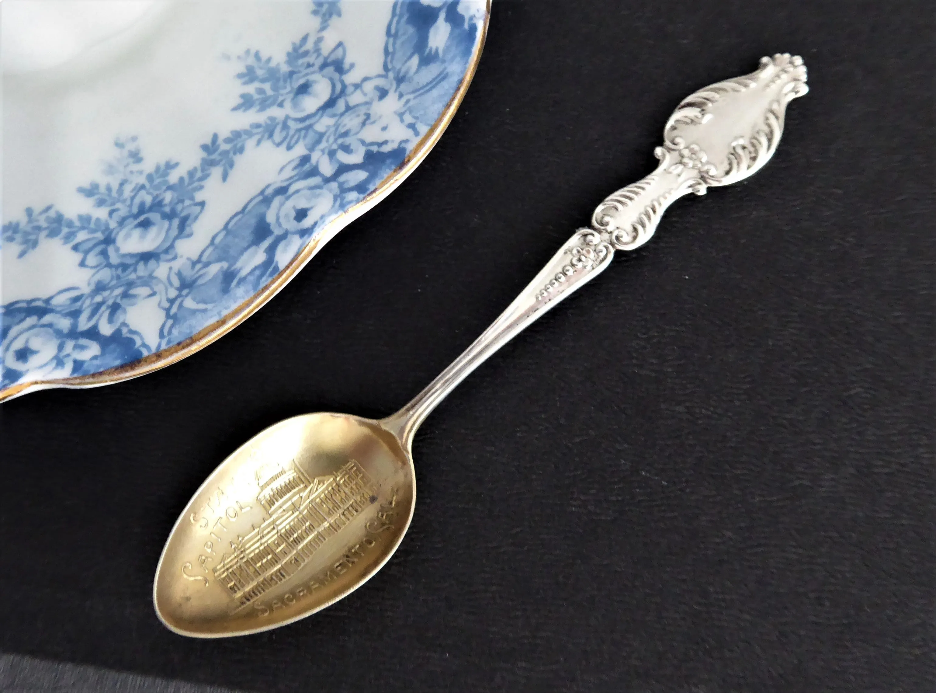 Victorian Sacramento California Sterling Silver Souvenir Spoon 1890s Embossed Gold Wash Bowl