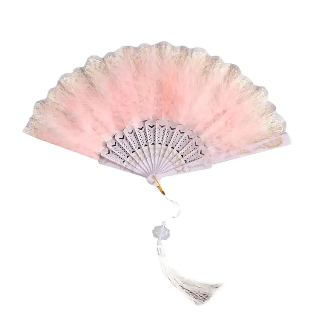 Vintage Japanese Chinese Gold Edge Folding Fan - Pink Feathers