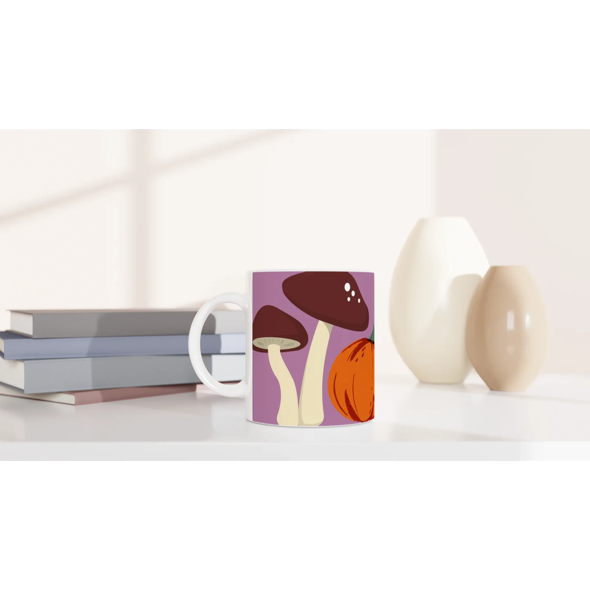 Whimsical Ceramic Mug with Mushroom & Pumpkin Design