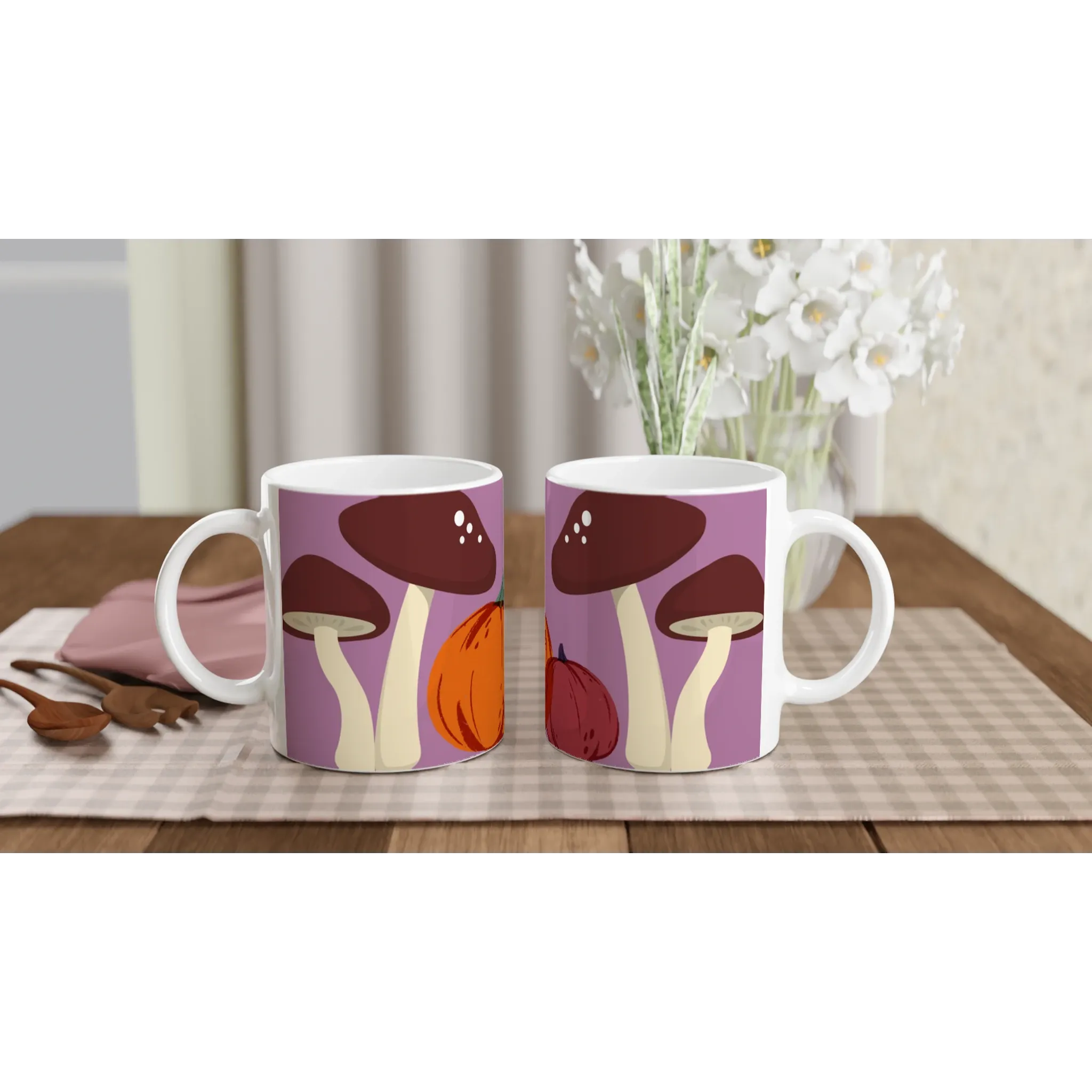 Whimsical Ceramic Mug with Mushroom & Pumpkin Design