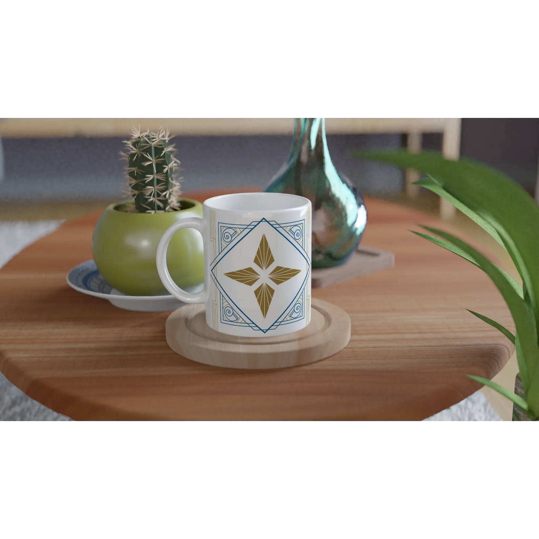 White Ceramic Mug with Philippine Art Deco and Gold Star Design