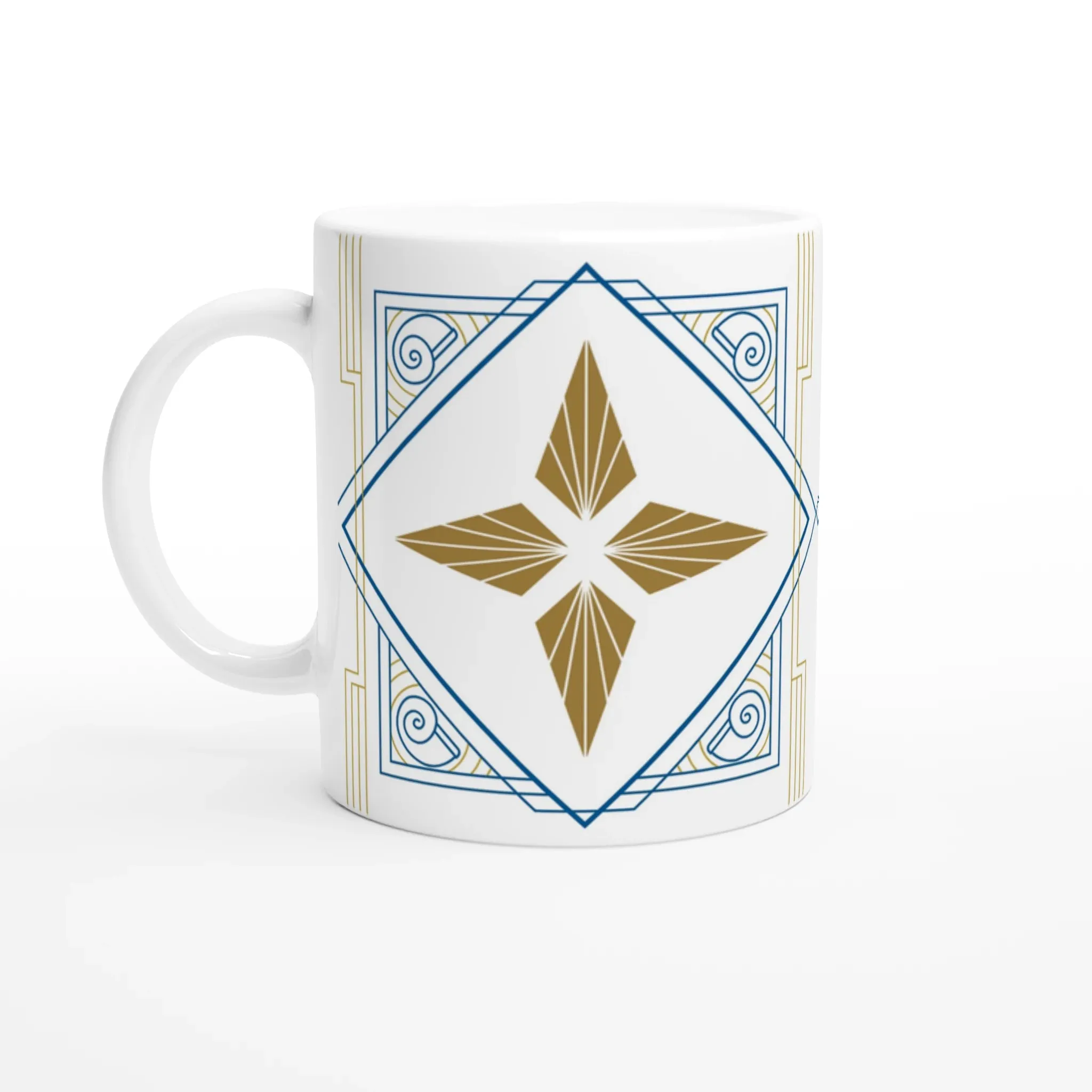 White Ceramic Mug with Philippine Art Deco and Gold Star Design