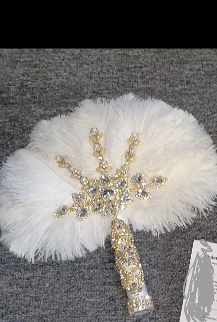 White Feather Fan ,wedding hand fan bouquet bridal Ostrich feather bouquet, Gatsby by Crystal wedding uk