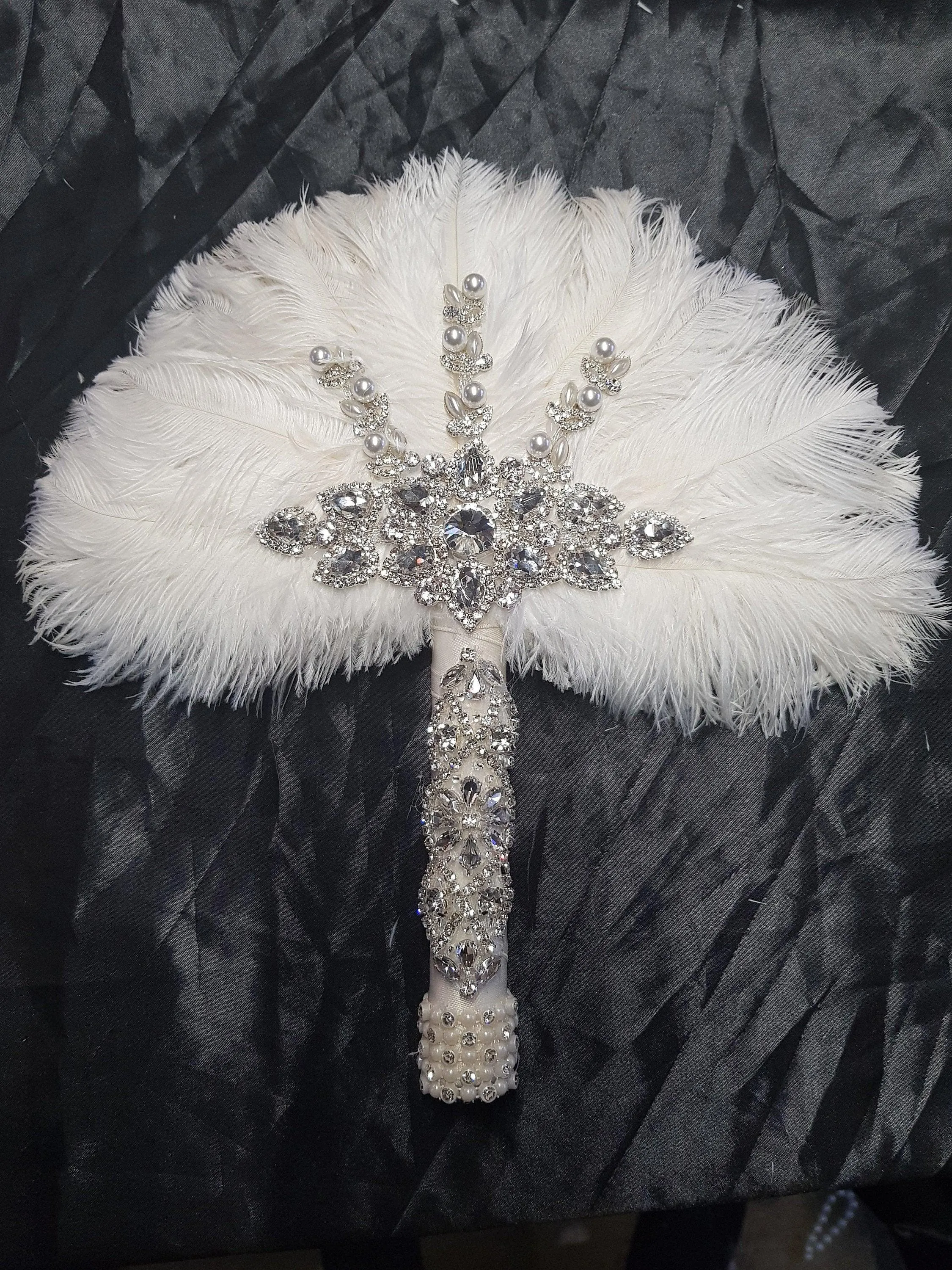 White Feather Fan ,wedding hand fan bouquet bridal Ostrich feather bouquet, Gatsby by Crystal wedding uk