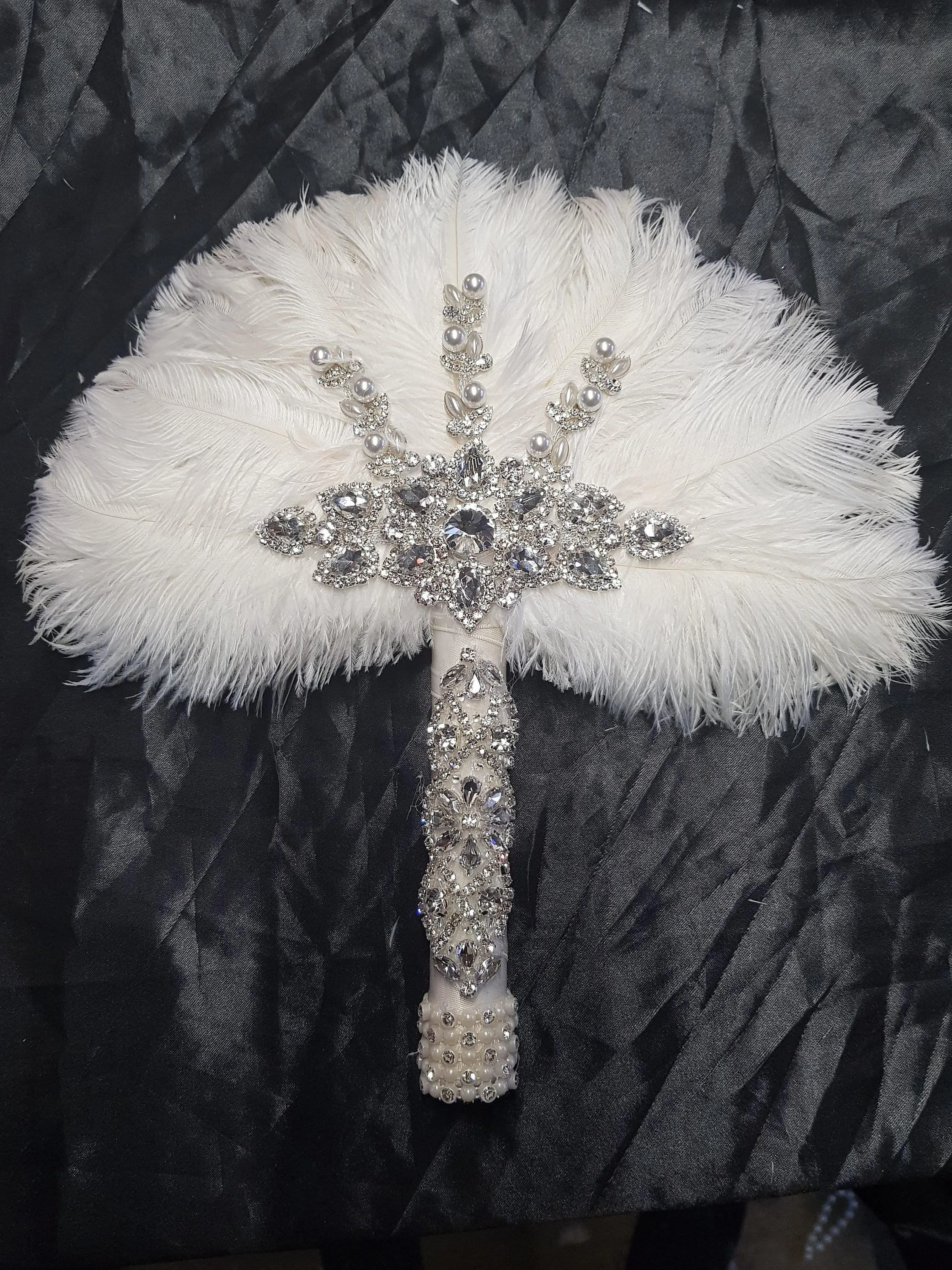 White Feather Fan ,wedding hand fan bouquet bridal Ostrich feather bouquet, Gatsby by Crystal wedding uk