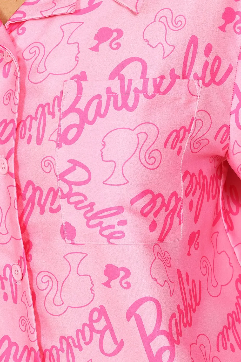 Women's Barbie Long Pink Satin Pyjama Set