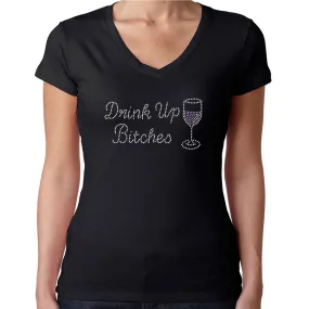 Womens T-Shirt Rhinestone Bling Black Fitted Tee Drink Up Bitches Red Wine glass