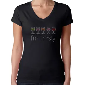 Womens T-Shirt Rhinestone Bling Black Fitted Tee I'm Thirsty Wine Glasses