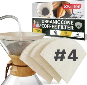 XFasten Organic Hemp Cloth Cone Coffee Filters No. 4 3-Pack Unbleached Cloth Reusable Coffee Filters 8-12 Cup; Compatible with Chemex and V60 Coffee Makers | Reusable Pour Over Number 4 Coffee Filters