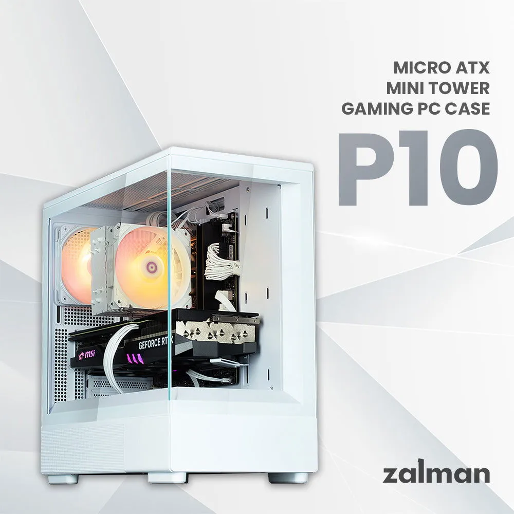 Zalman P10 mATX Gaming PC Case, Panoramic Glass, 1 x PWM ARGB Fan - White